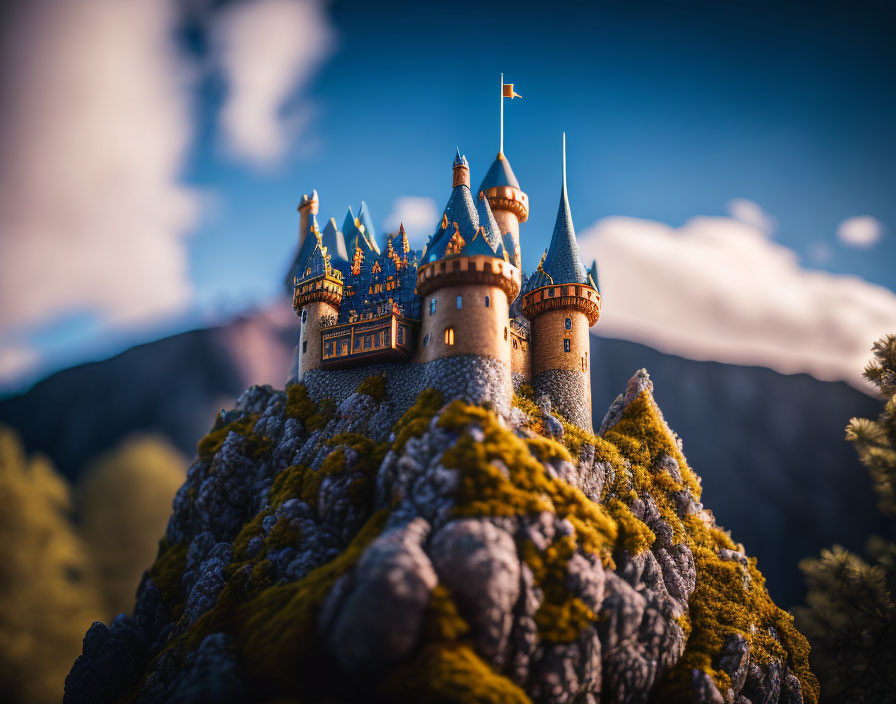 Detailed miniature castle on rocky outcrop against forest and sky.