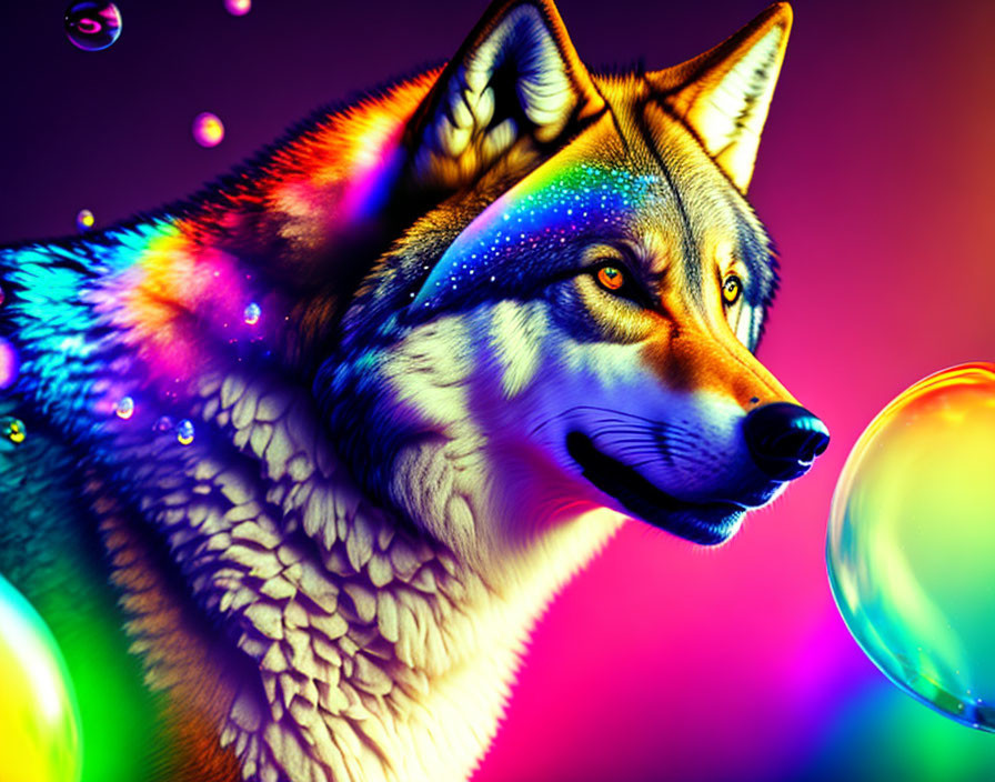 Colorful Wolf with Rainbow Coat on Psychedelic Background