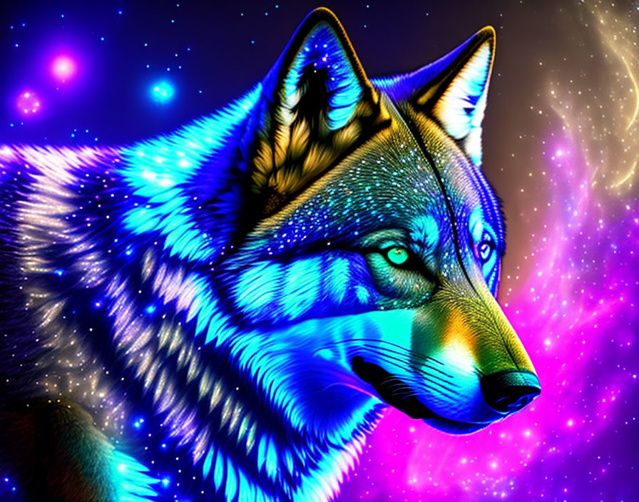 Neon Blue Wolf Illustration on Cosmic Background