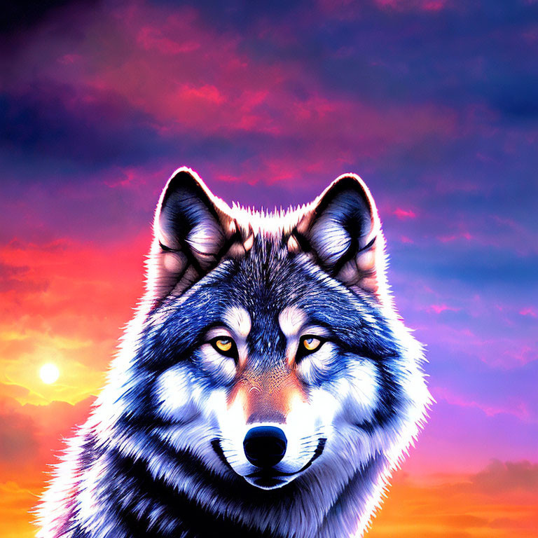 Digital art of wolf's face with vibrant purple and orange sunset sky