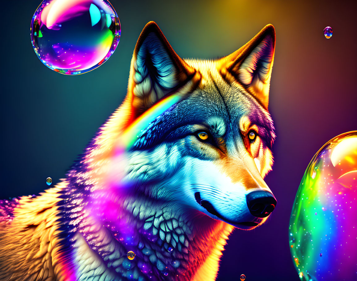 Colorful Digital Art Portrait of Wolf Surrounded by Bubbles