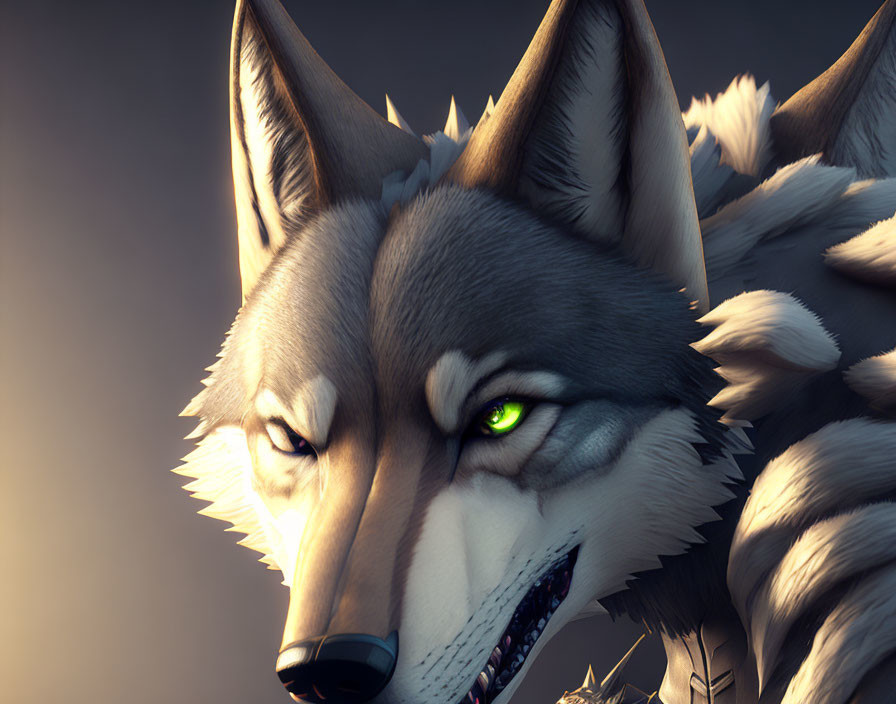 Detailed 3D-animated wolf with fierce expression and bright green eyes