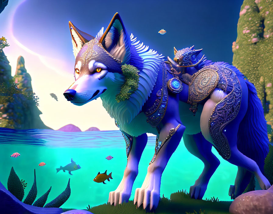 Animated blue and silver wolf by tranquil lake under crescent moon