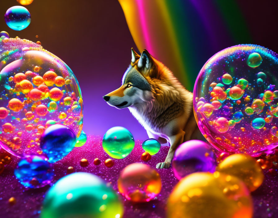 Husky surrounded by iridescent bubbles and rainbow beams