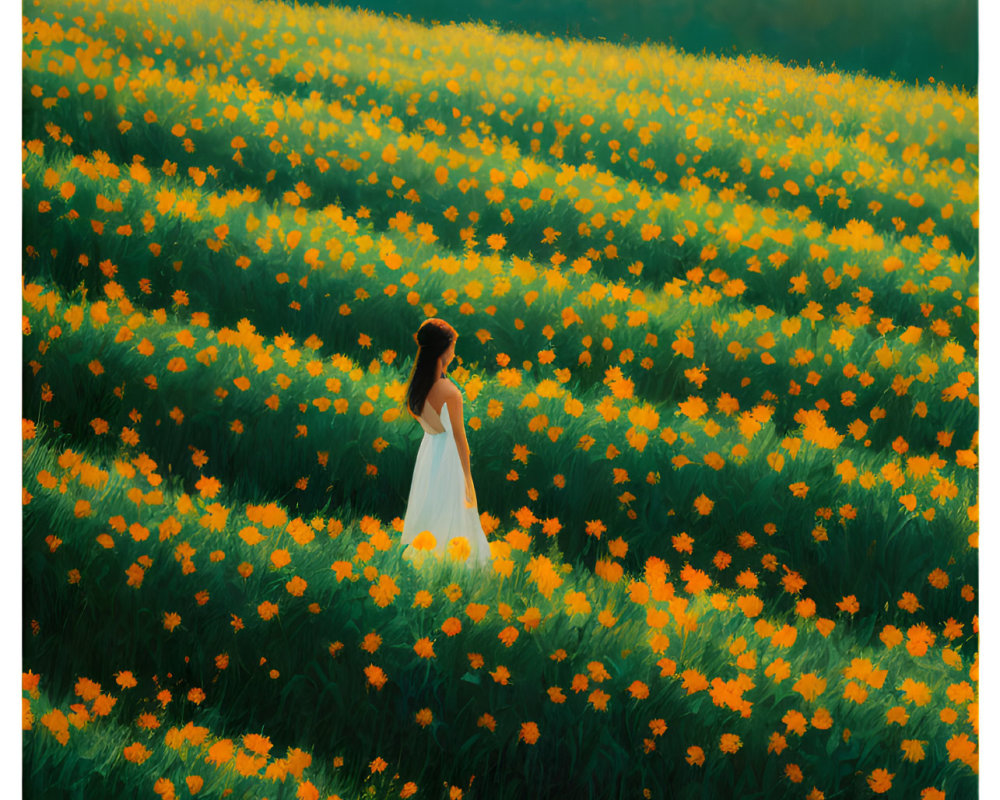 Person in white dress surrounded by yellow flowers under gradient sky.