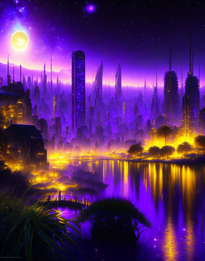 Futuristic nocturnal cityscape with purple and gold hues, skyscrapers, lake, vegetation