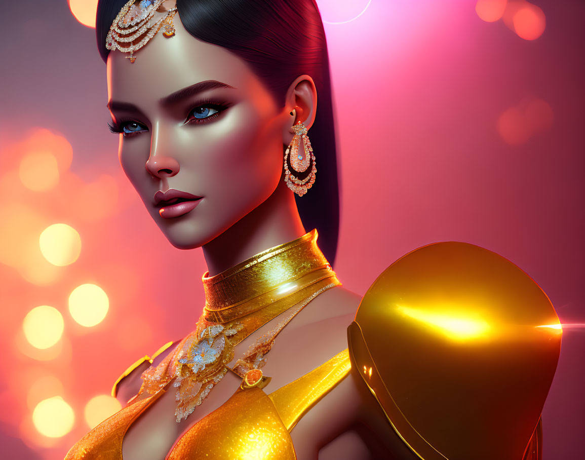 Elegant Woman in Gold Jewelry and Attire on Warm Bokeh Background