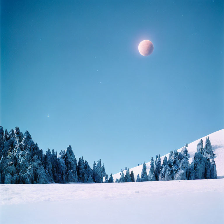 Snow-covered landscape with tall coniferous trees and reddish moon at dusk