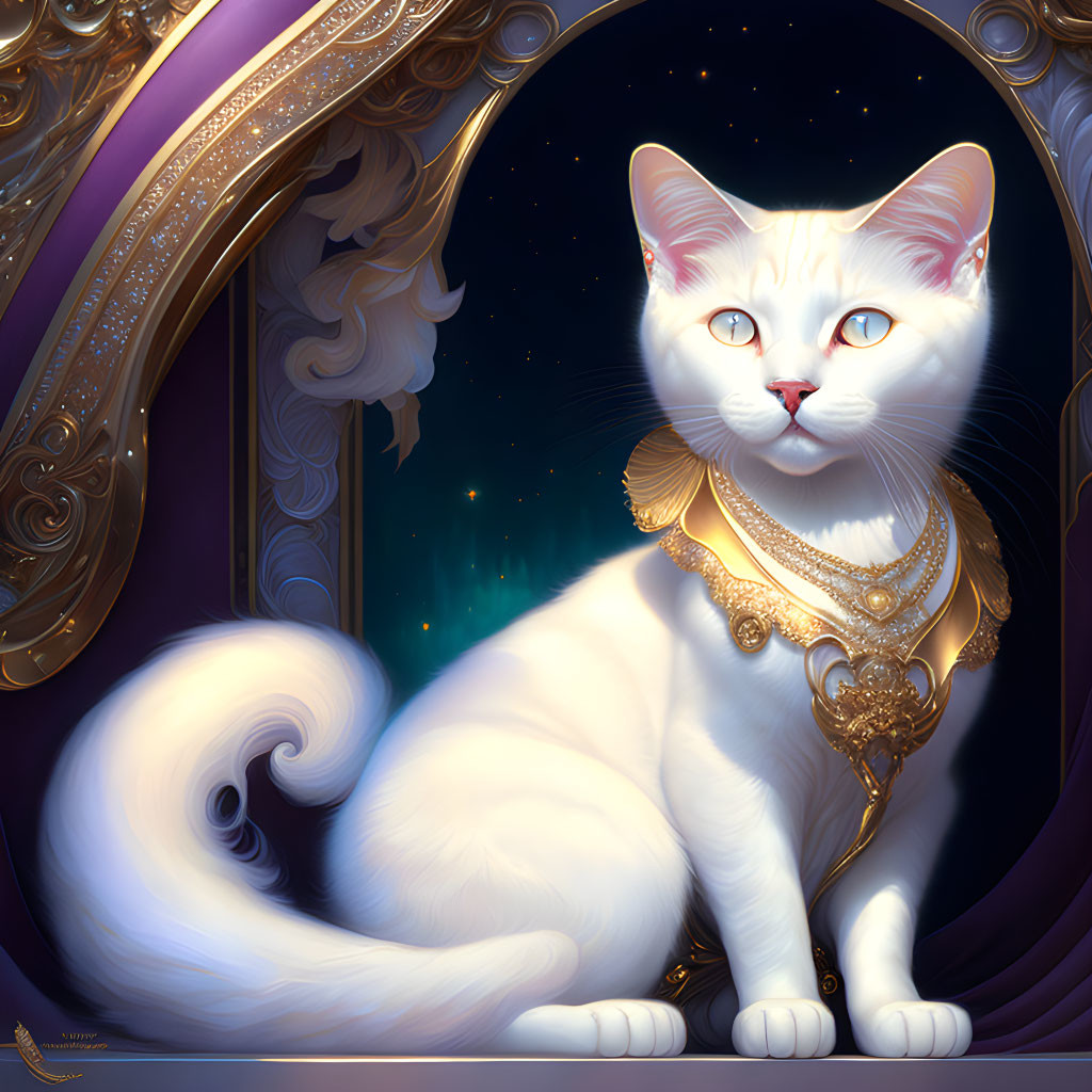 White Cat with Blue Eyes and Golden Jewelry Poses by Starry Night Window