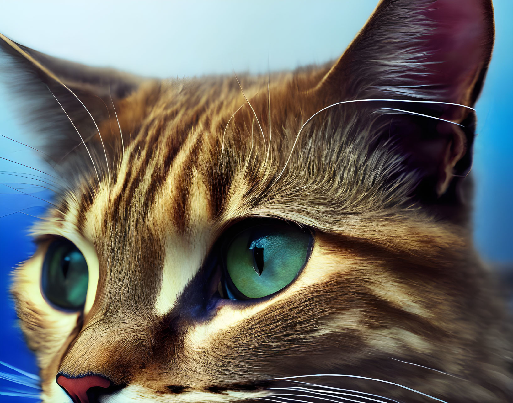 Domestic Cat with Green Eyes and Brown Striped Fur on Blue Background