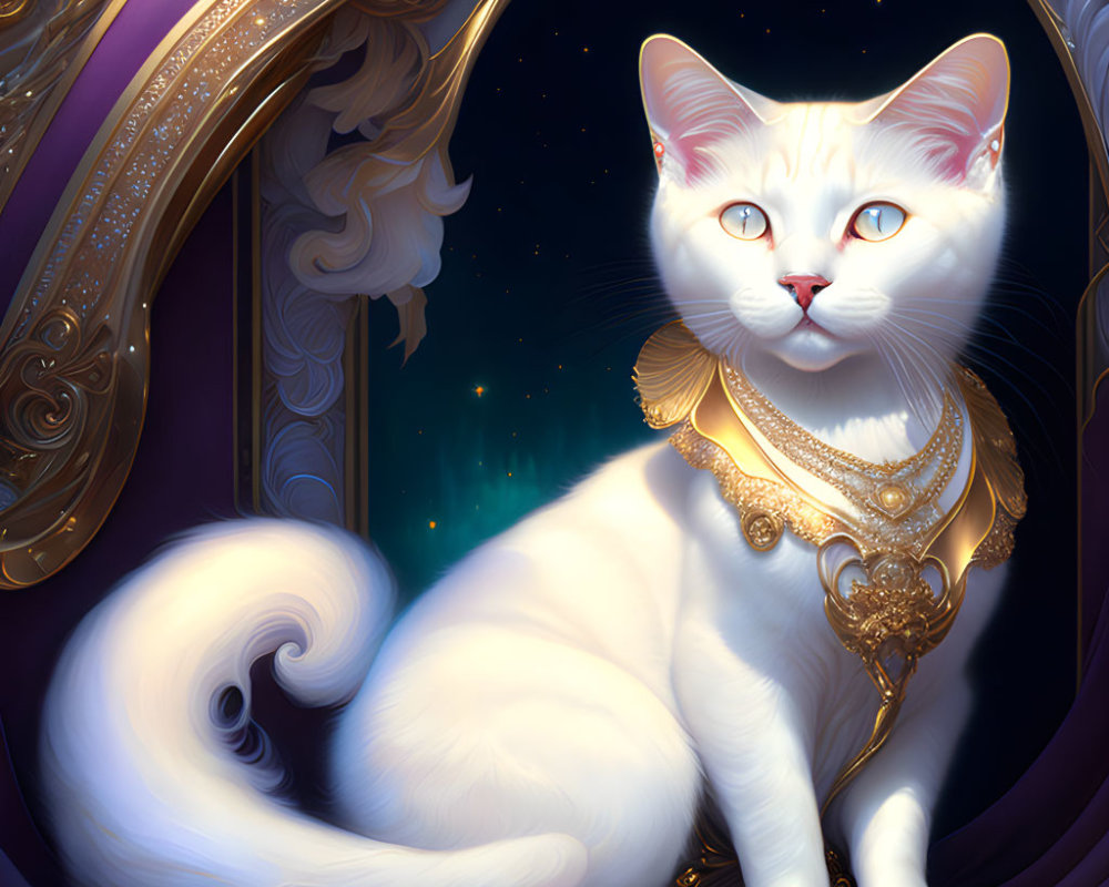 White Cat with Blue Eyes and Golden Jewelry Poses by Starry Night Window