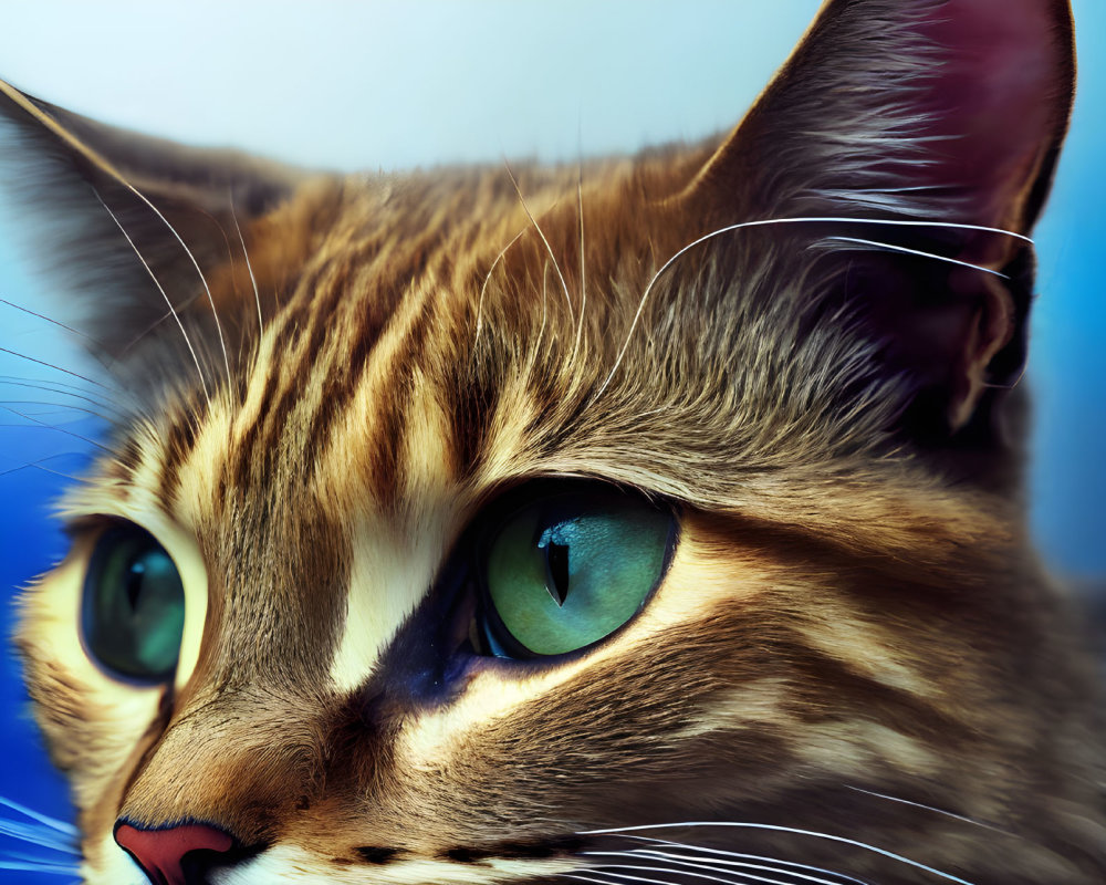 Domestic Cat with Green Eyes and Brown Striped Fur on Blue Background