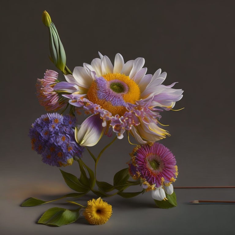 Colorful Floral Arrangement with Daisies and Purple Blooms on Grey Background