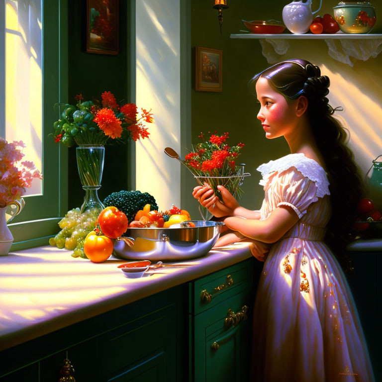 Young girl in vintage dress arranging flowers in sunlit kitchen full of fruits and reflective surfaces