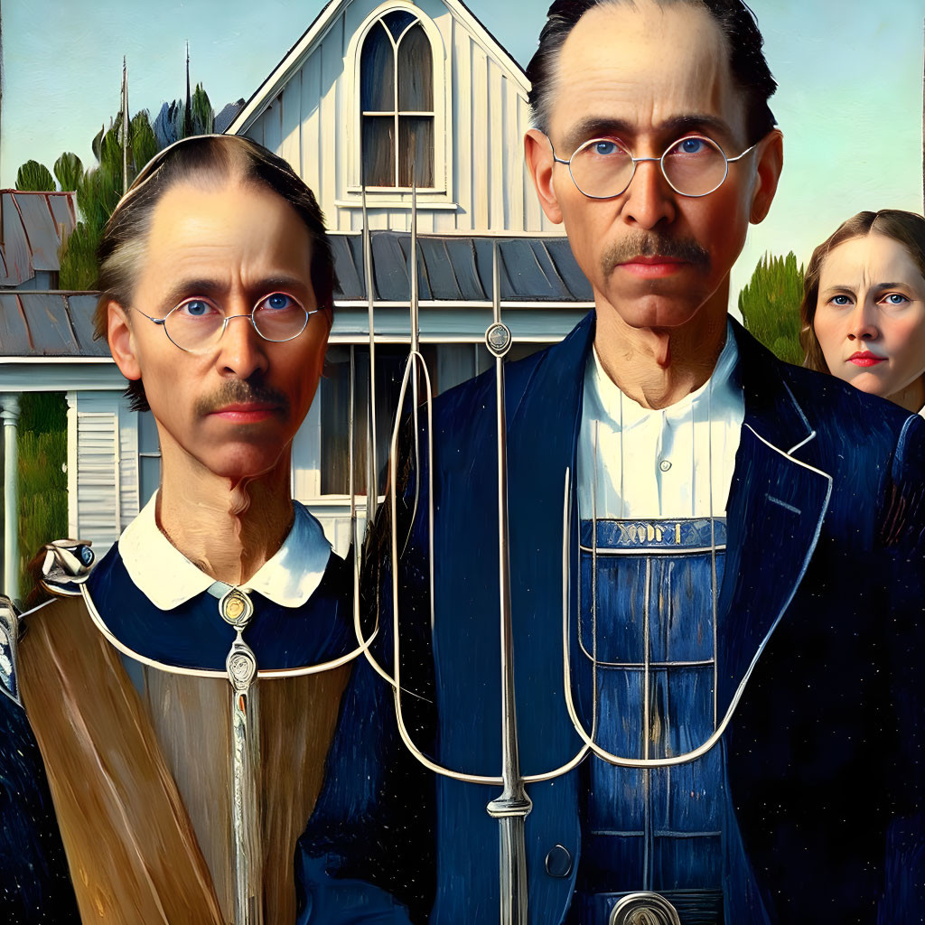 Stern Couple with Pitchfork and Farmhouse in American Gothic Style