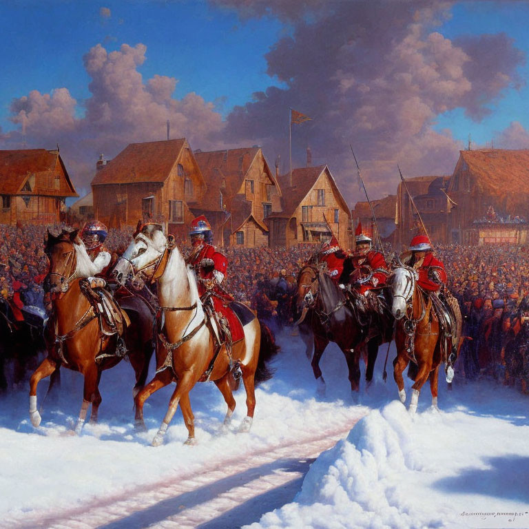 Four Armored Knights on Horseback in Snowy Village Scene