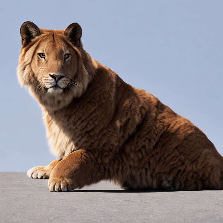 Majestic lion with human-like face against blue background