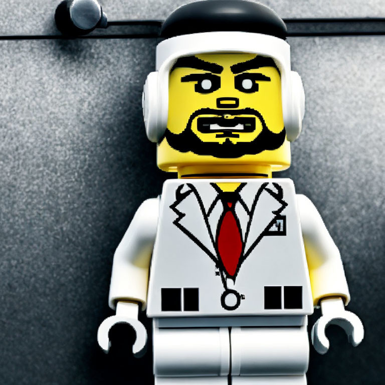 LEGO figure with beard, headphones, white suit, red tie on gray backdrop