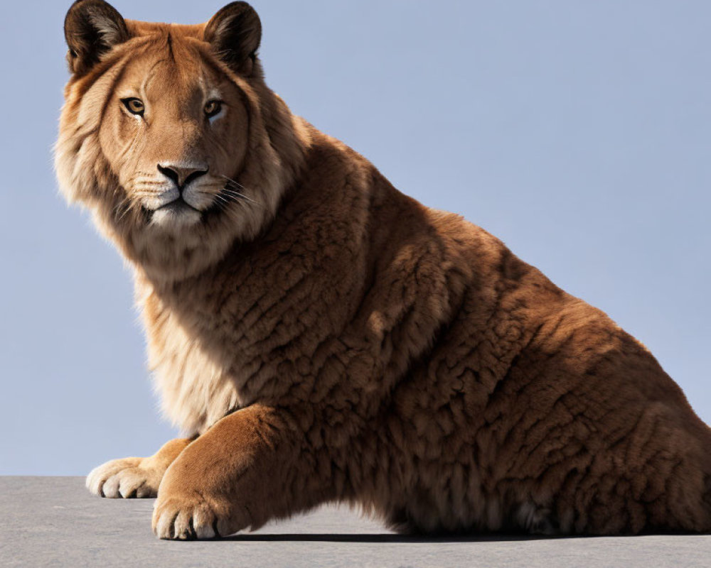 Majestic lion with human-like face against blue background