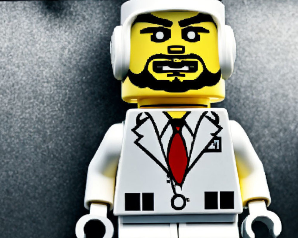 LEGO figure with beard, headphones, white suit, red tie on gray backdrop