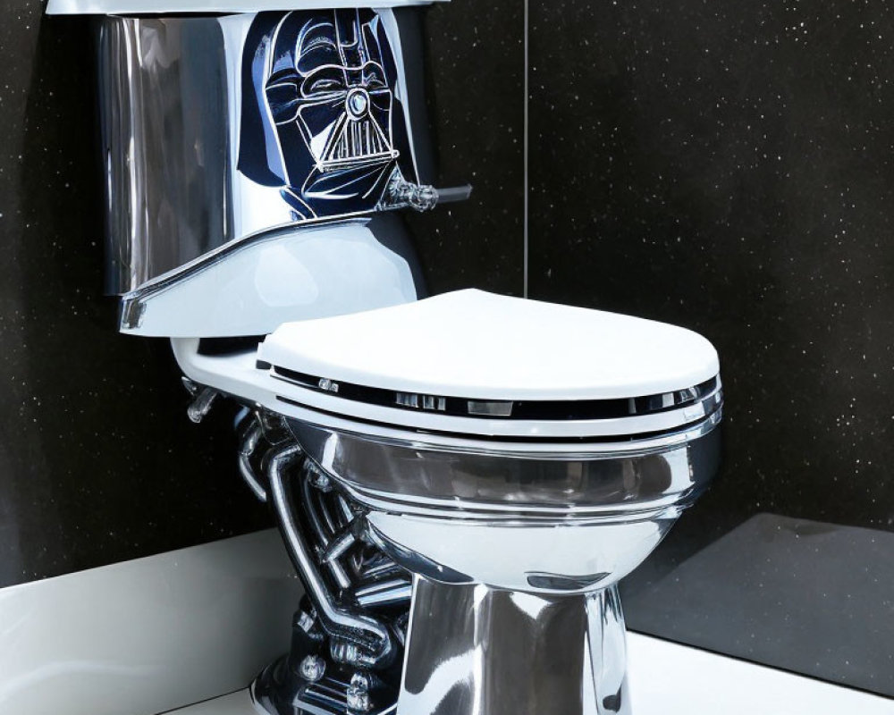 Glossy Black and Silver Toilet with Sci-Fi Character Helmet Illustration