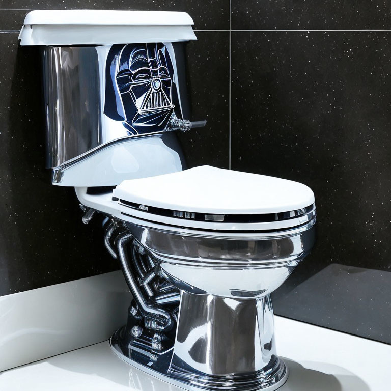 Glossy Black and Silver Toilet with Sci-Fi Character Helmet Illustration