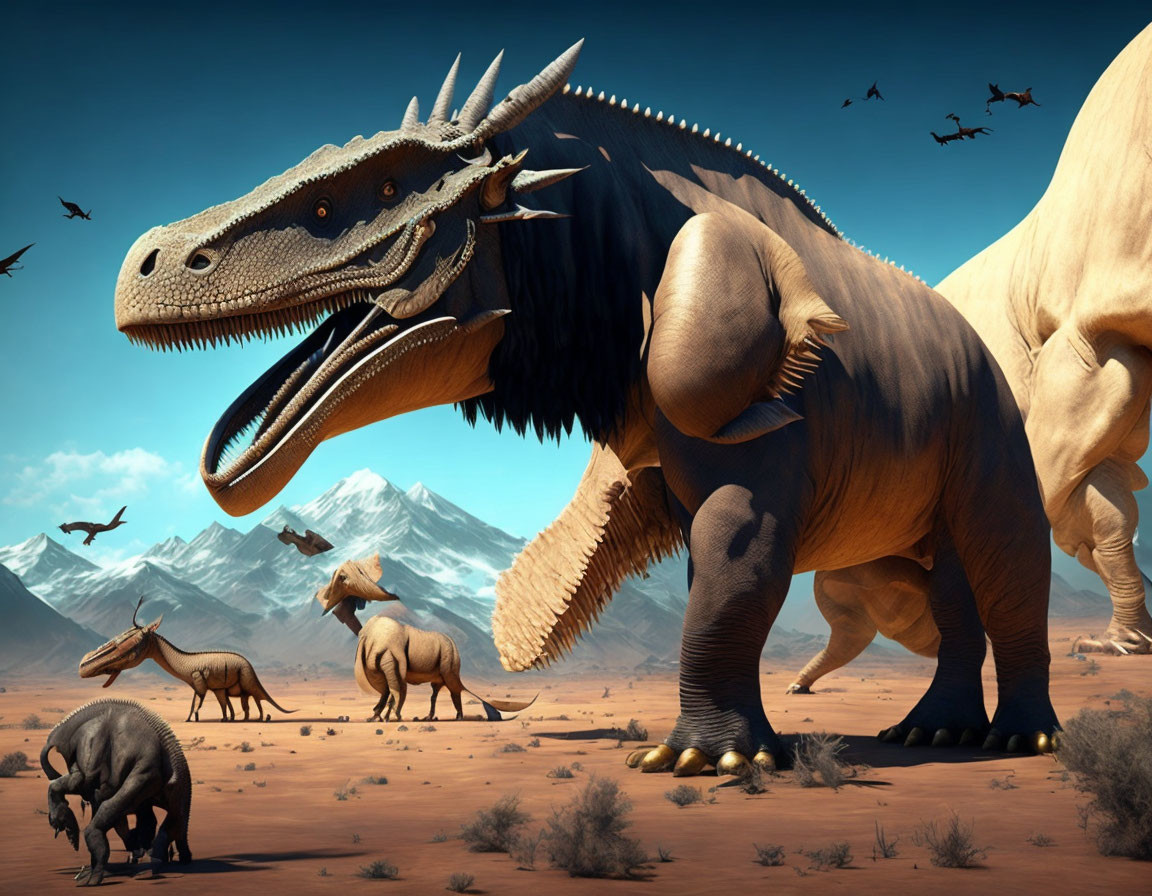 Digital illustration of various dinosaurs in desert landscape