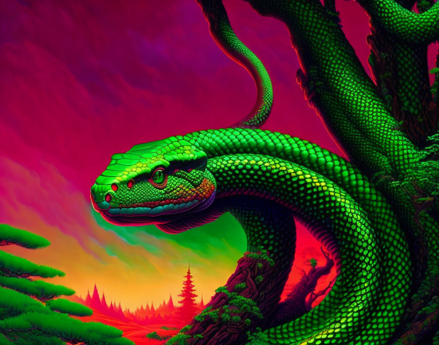 Colorful Digital Art: Green Snake Coiled in Psychedelic Forest