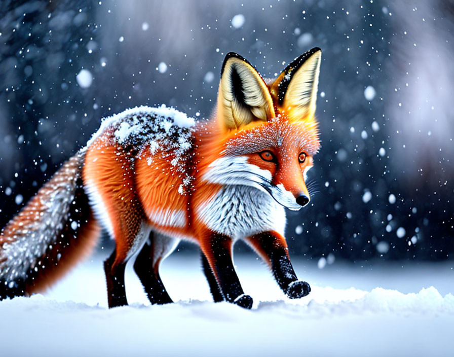 Red Fox Walking in Snowy Landscape with Falling Snowflakes