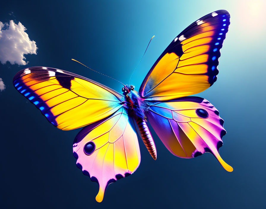 Colorful Butterfly with Yellow and Purple Wings in Bright Blue Sky