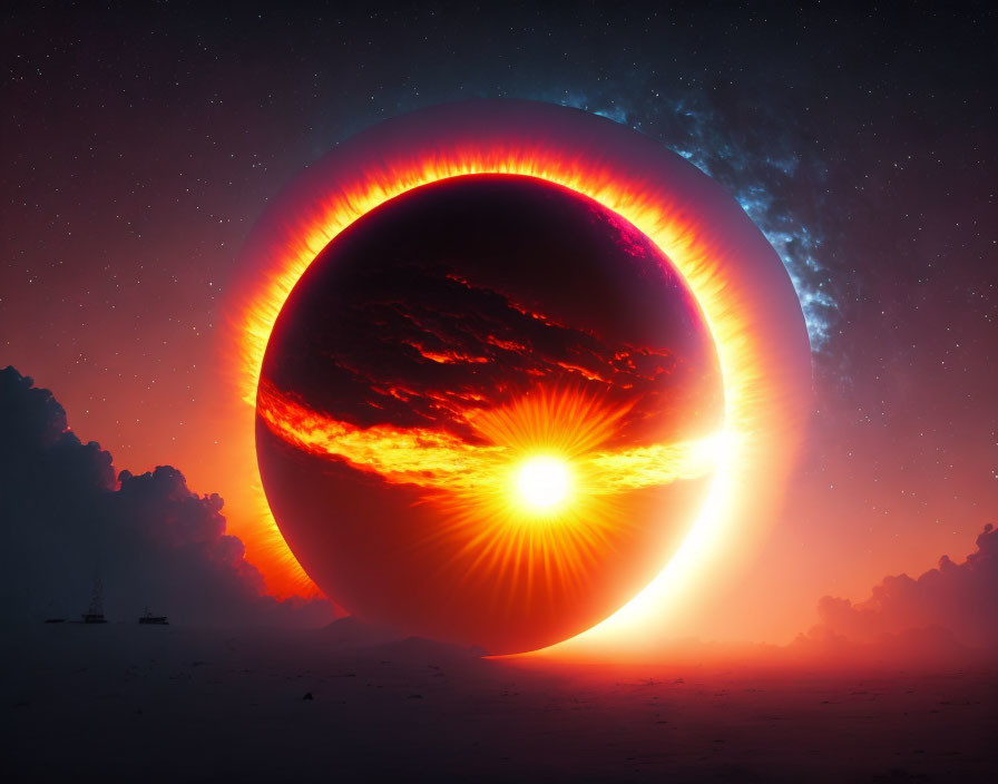 Surreal image of giant eclipsed sun-like orb over desert landscape