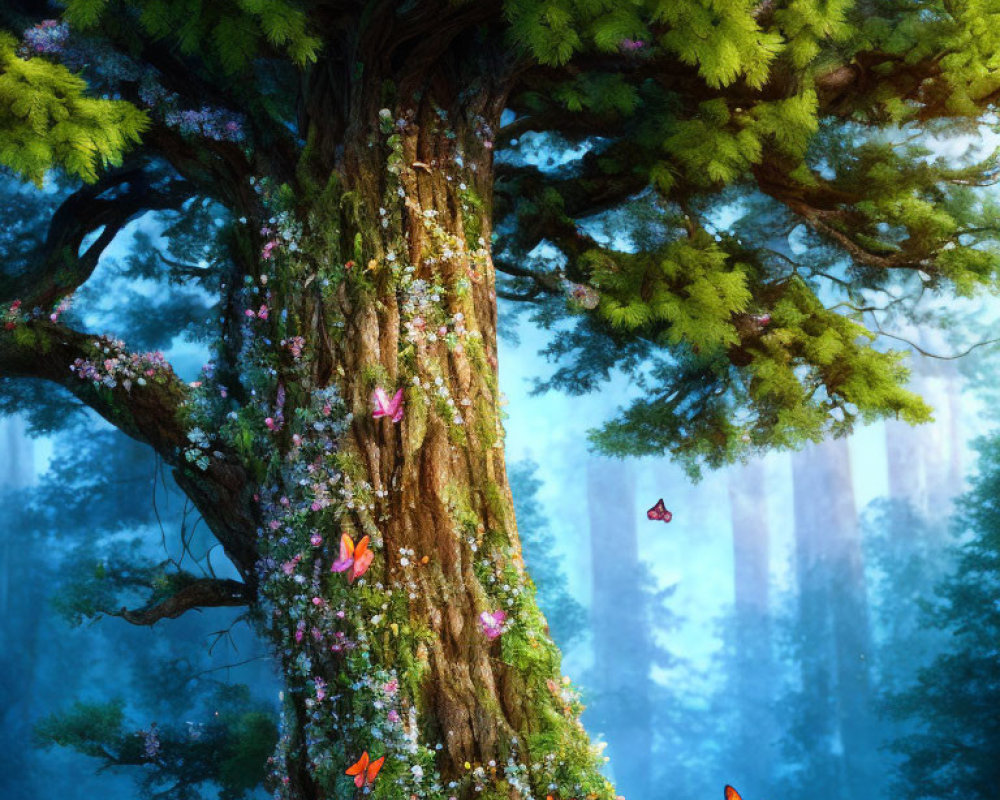 Majestic tree with lush green leaves and colorful butterflies in misty forest