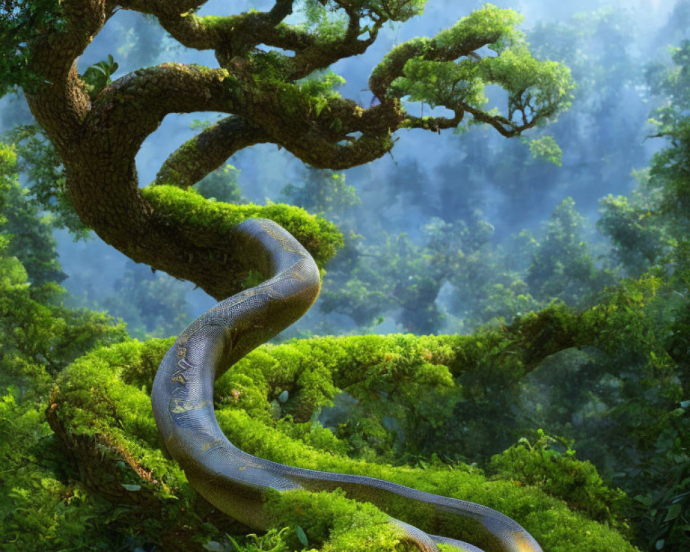 Sinuous snake on mossy branch in lush forest with sunlight filtering through leaves