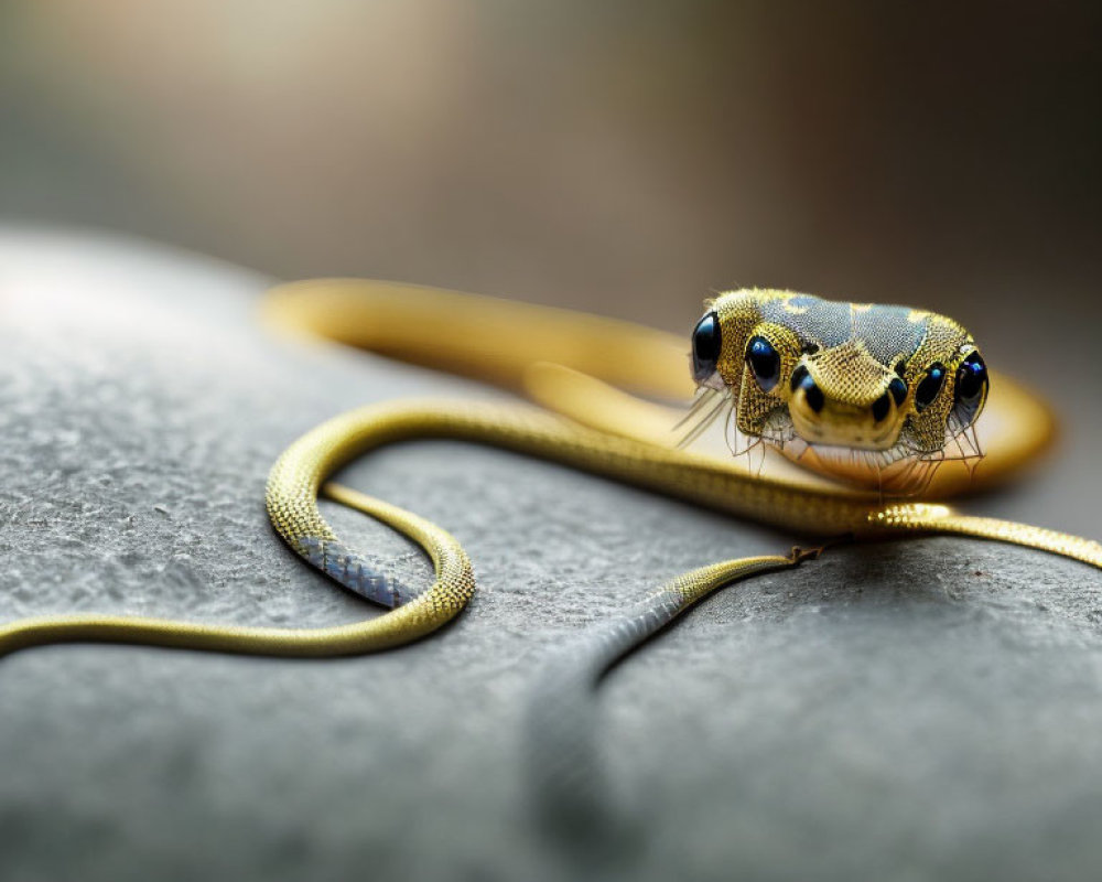 Yellowish Small Snake with Intricate Head Patterns on Smooth Stone Surface