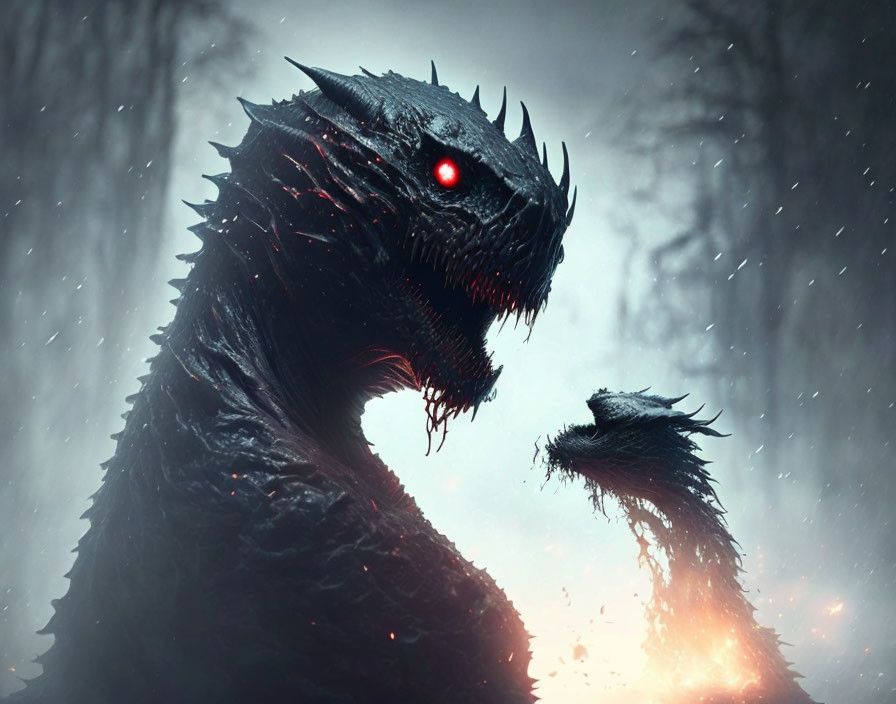 Menacing Black Dragon Breathing Fire in Dark Forest