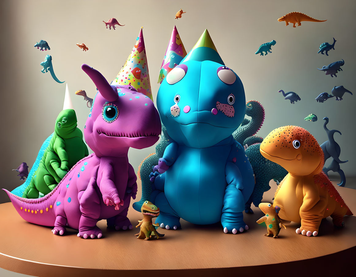 Colorful dinosaurs in party hats with flying mini dinosaurs