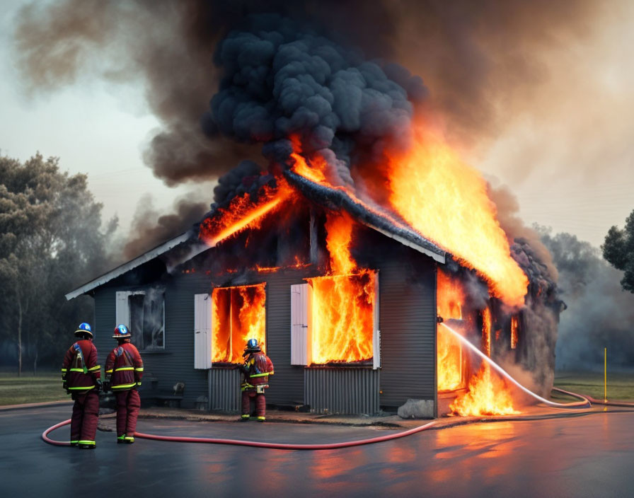 Firefighters extinguish blazing house fire with thick smoke.