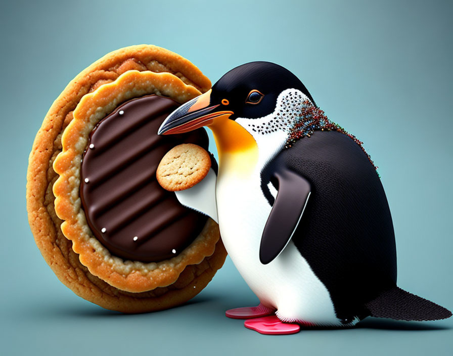 Stylized penguin with small and giant cookies illustration