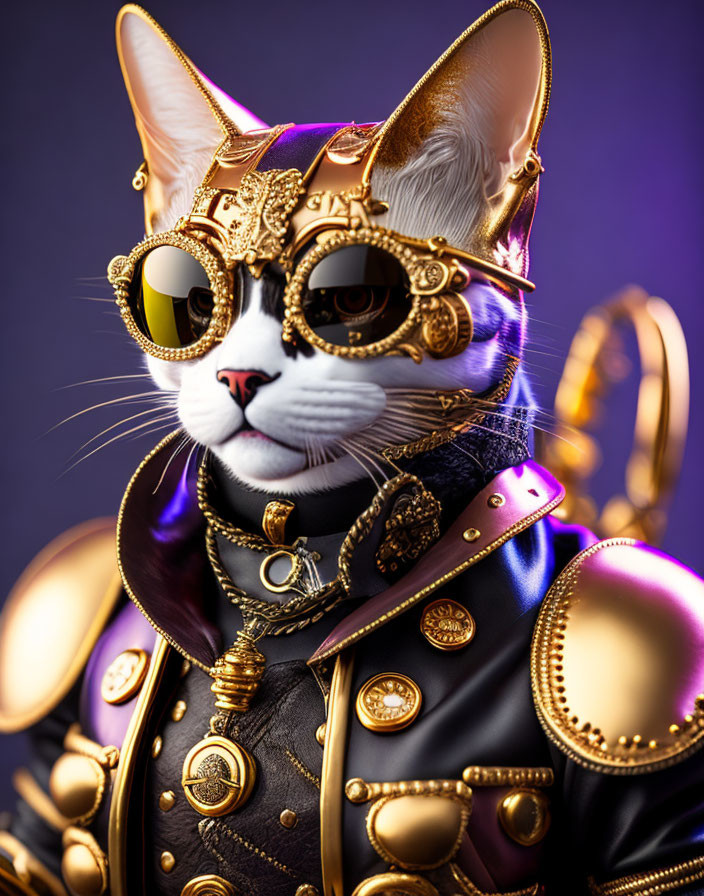 Elaborate Golden Armored Cat in Sunglasses on Purple Background