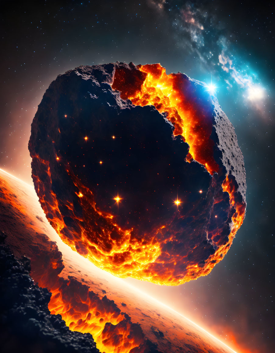 Molten asteroid approaches celestial body in space