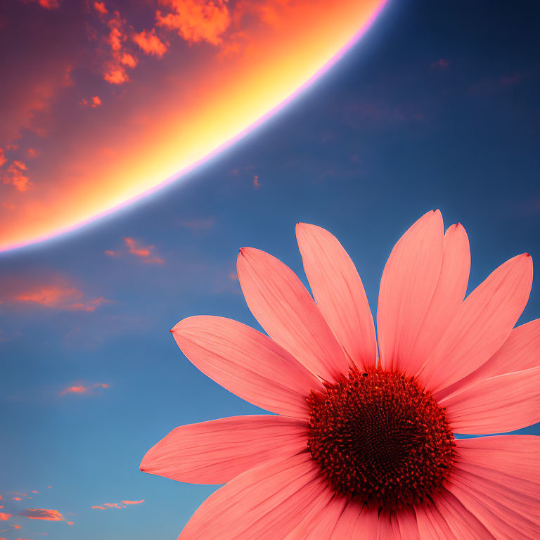 Pink Daisy with Dark Blue and Orange Sunset Sky