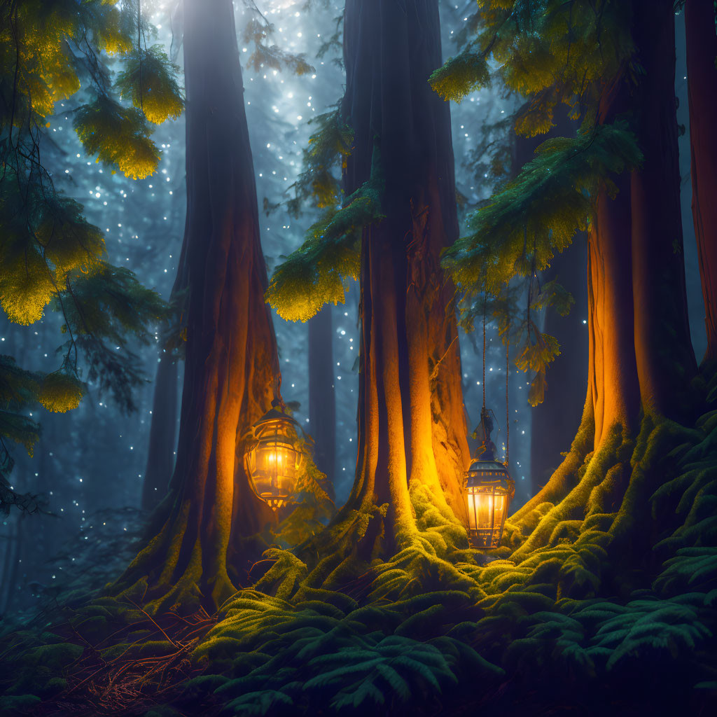 Ethereal forest scene with glowing lanterns and lush ferns