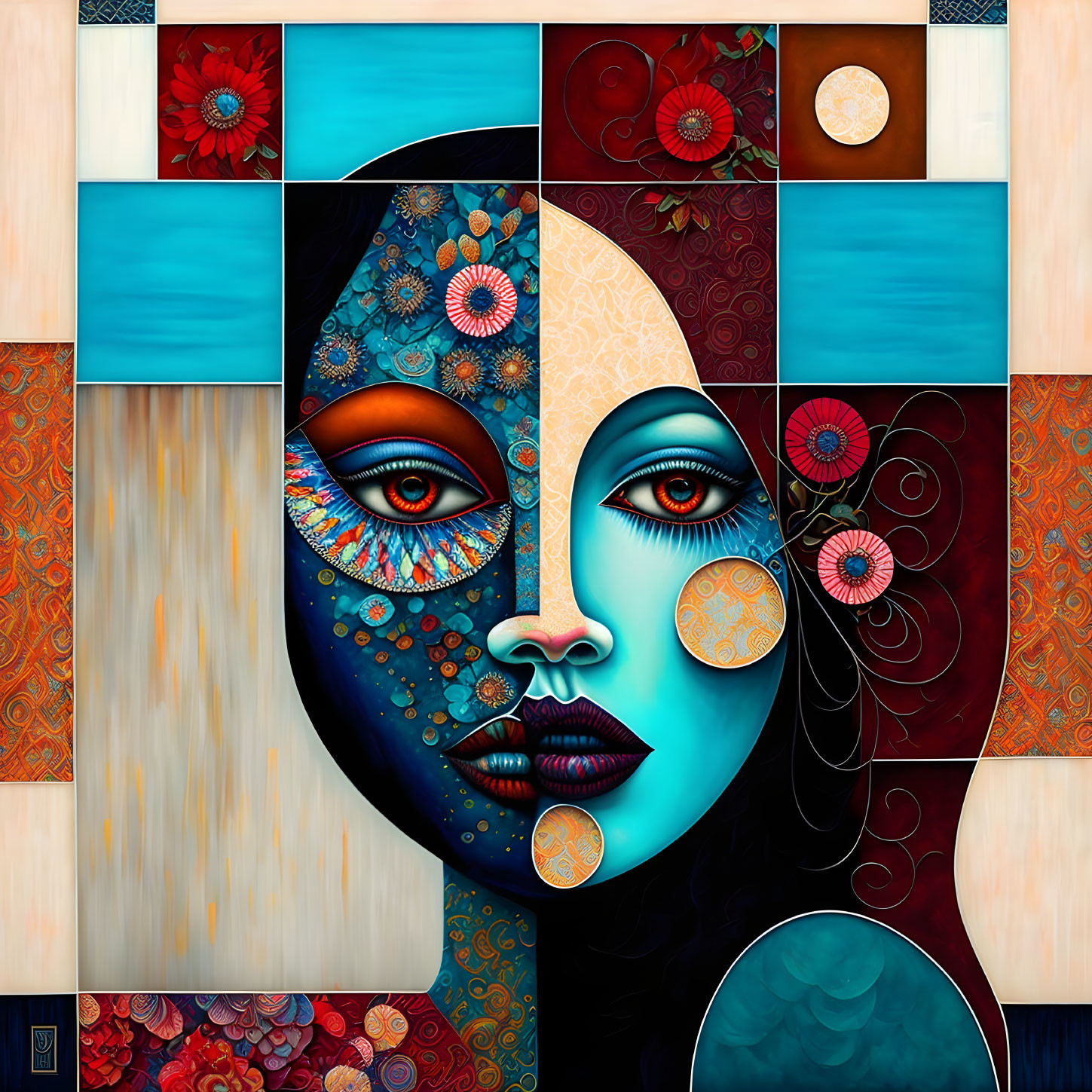 Colorful Mosaic Artwork of Split Female Face with Day and Night Themes