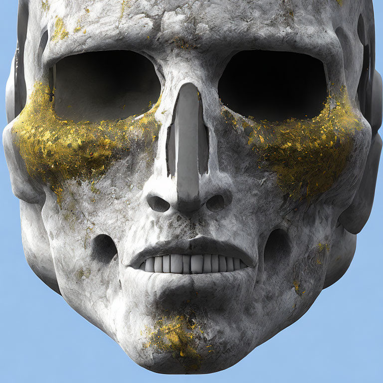 Stone skull with textured details and moss against blue sky.