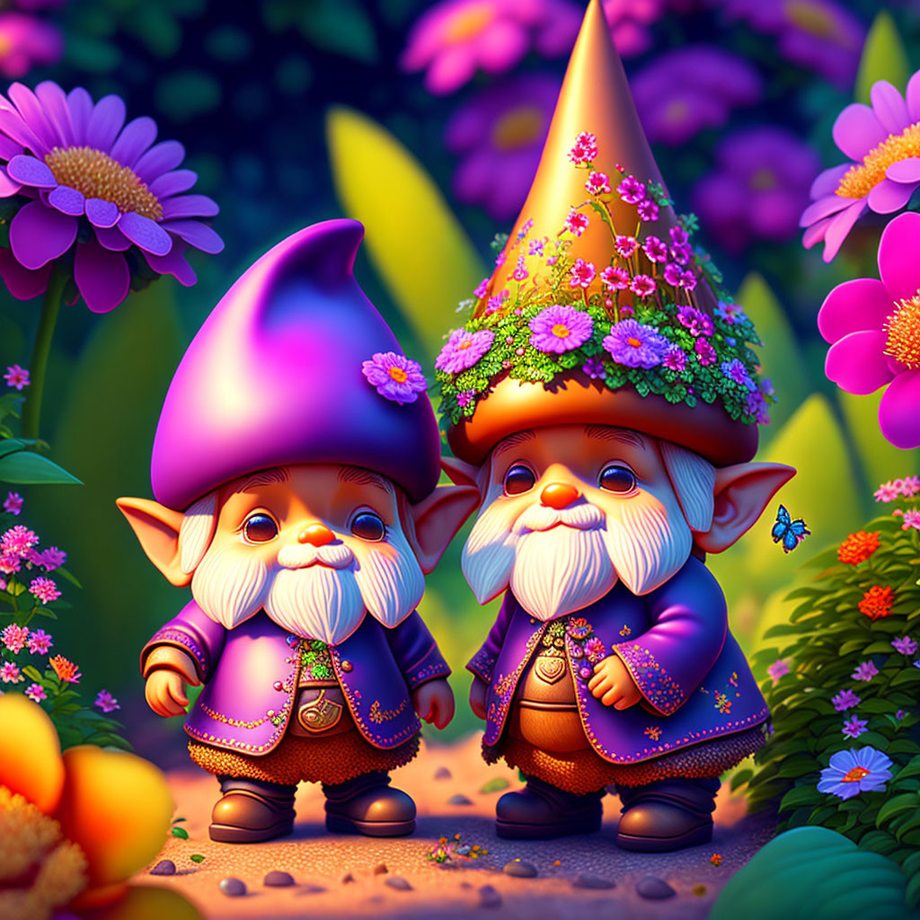 Colorful Garden Gnomes with Floral Hats Among Vibrant Flowers