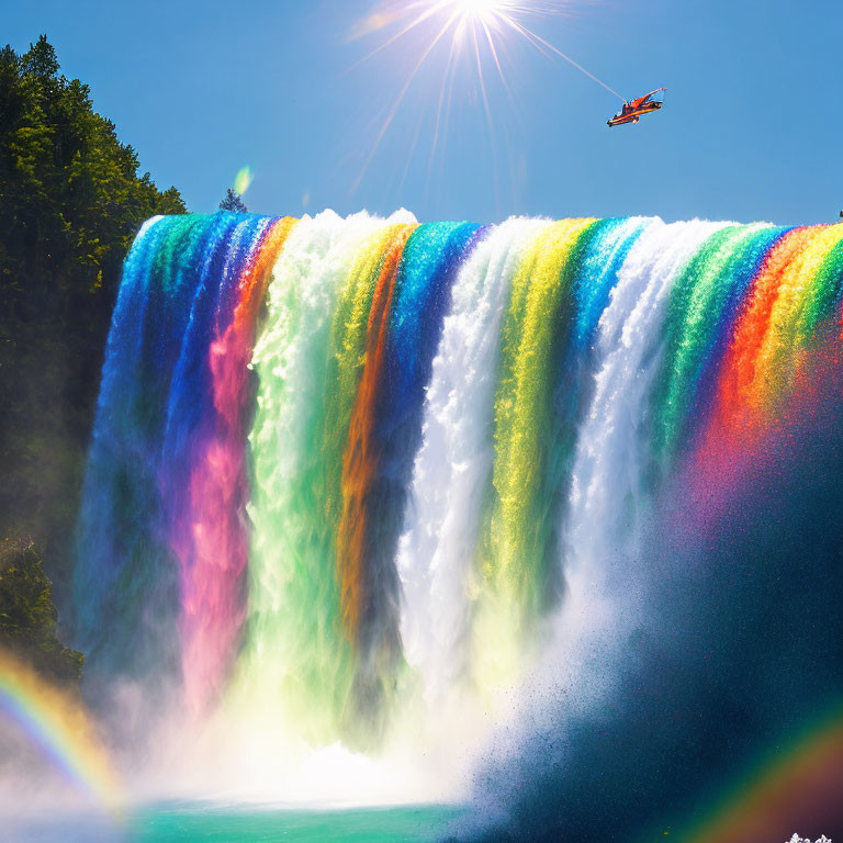 Colorful Sunlit Waterfall with Helicopter and Rainbows in Clear Blue Sky