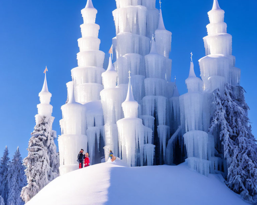 Majestic ice castle with spires under blue sky, snow-covered trees, and people in winter