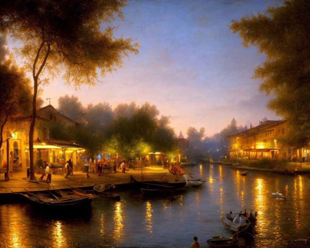 Tranquil twilight river scene with boats, streetlamp reflections, and people.