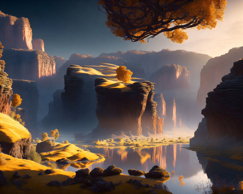 Tranquil digital landscape with cliffs, reflective water, trees, golden foliage, warm light