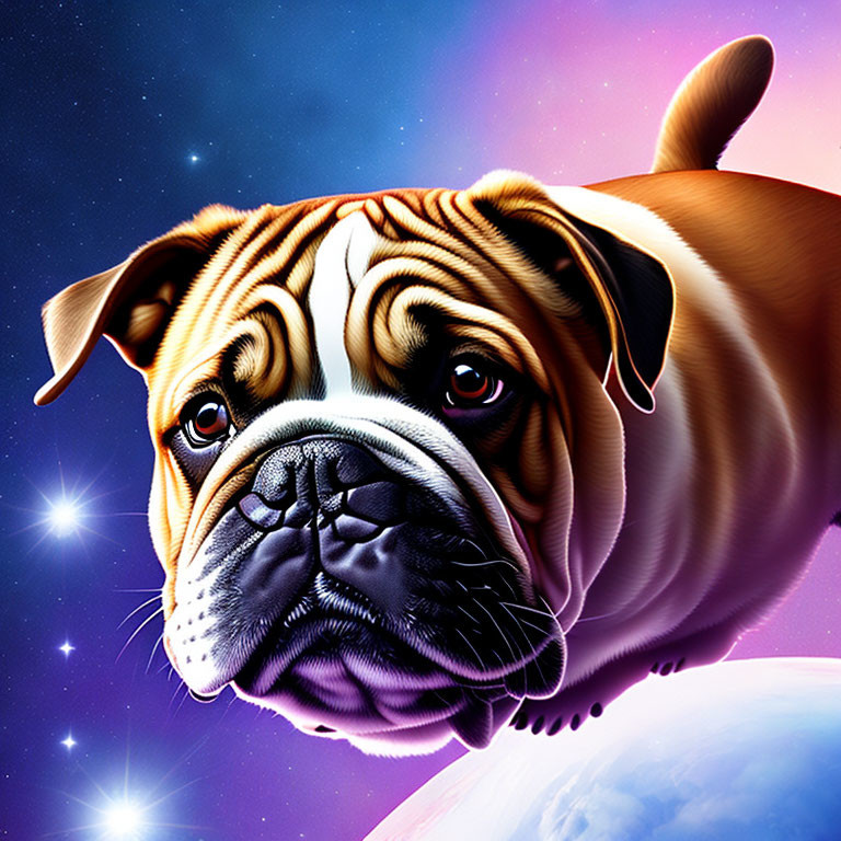 Colorful Bulldog Head Illustration in Space with Nebula and Earth Background